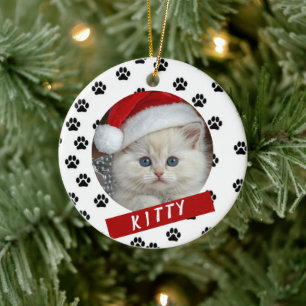 Cat Santa Hat Paw Print Christmas Ornament