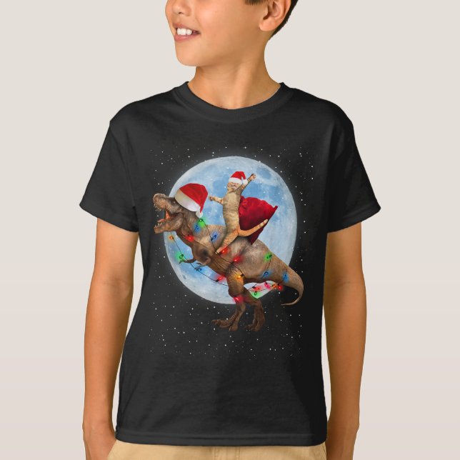 Cat Santa Hat Riding Dinosaur T rex Moon Christmas T-Shirt (Front)