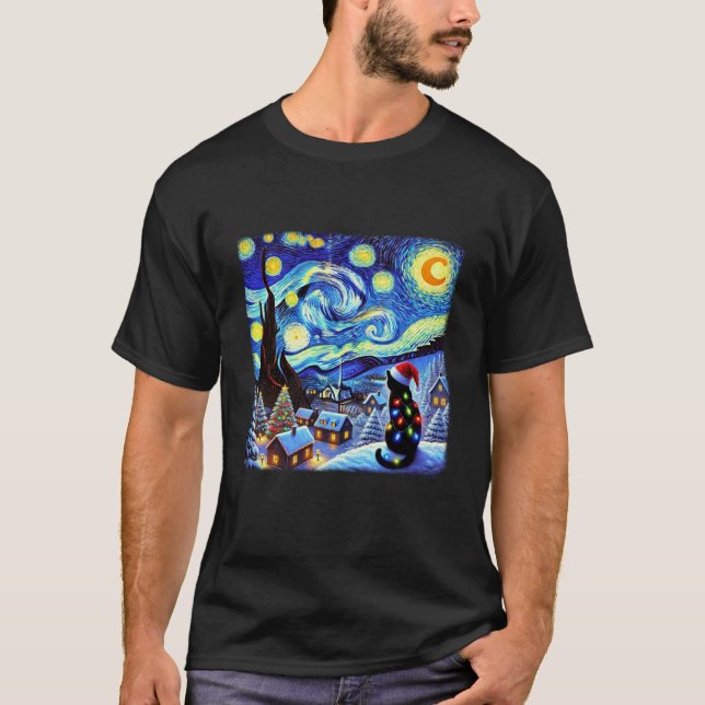 Cat Santa Hat Xmas Christmas Van Gogh Starry Night T-Shirt (Front)