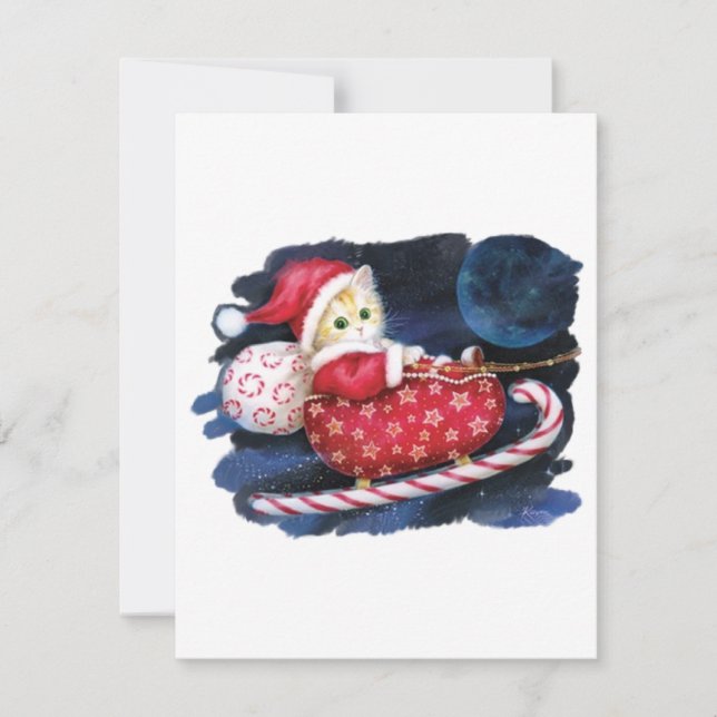 Cat Santa in Santa Sleigh Delivering Gifts  Holiday Card (Front)