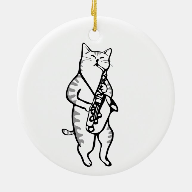 Cat Saxophone Player Musician Jazz Rock Funny Cute Ceramic Tree Decoration (Back)