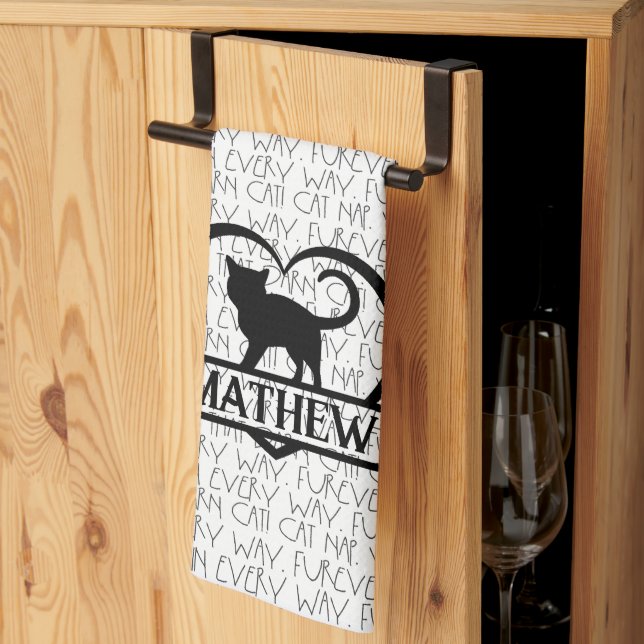 Cat Sayings and Silhouette Heart Split Monogram  Tea Towel (Thirds Fold)