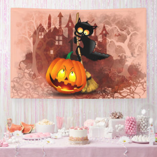 Cat Scared by Pumpkin Fun Halloween Character Banner
