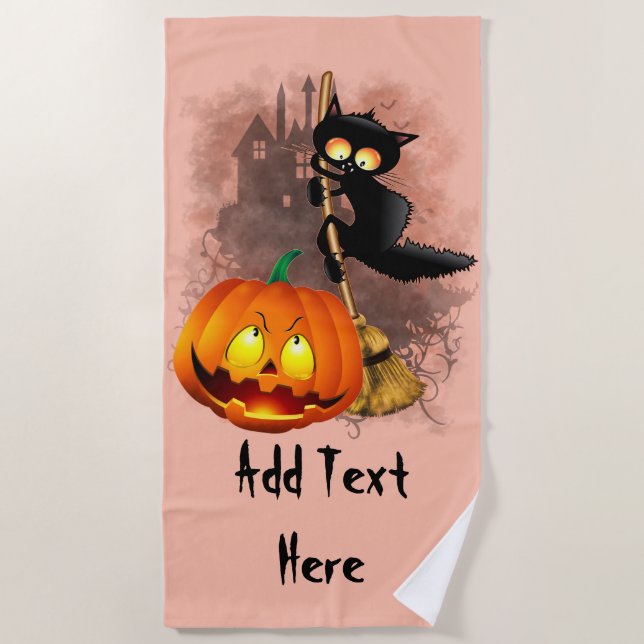 Cat Scared by Pumpkin Fun Halloween Character Beach Towel (Front)