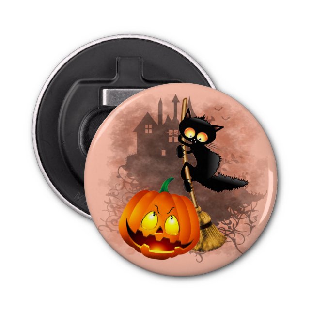Cat Scared by Pumpkin Fun Halloween Character Bottle Opener (Front)