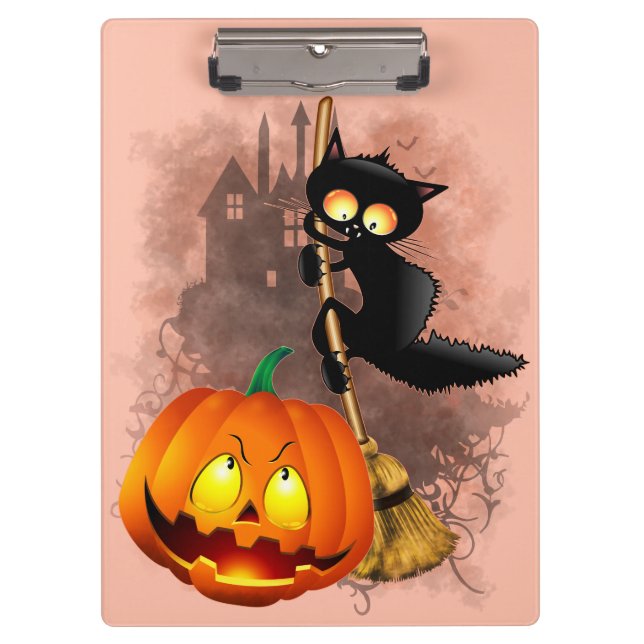 Cat Scared by Pumpkin Fun Halloween Character Clipboard (Front)
