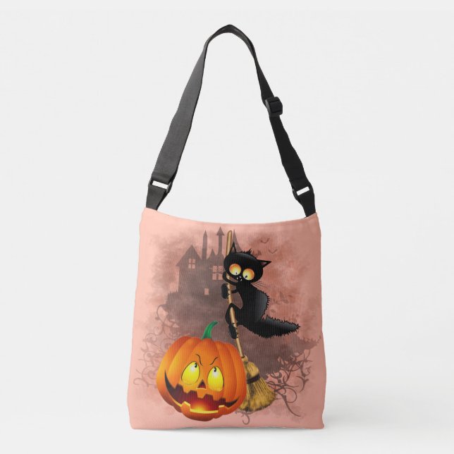 Cat Scared by Pumpkin Fun Halloween Character Crossbody Bag (Front)