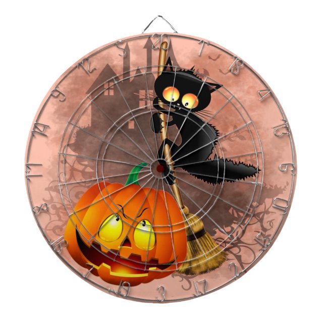 Cat Scared by Pumpkin Fun Halloween Character Dartboard (Front)