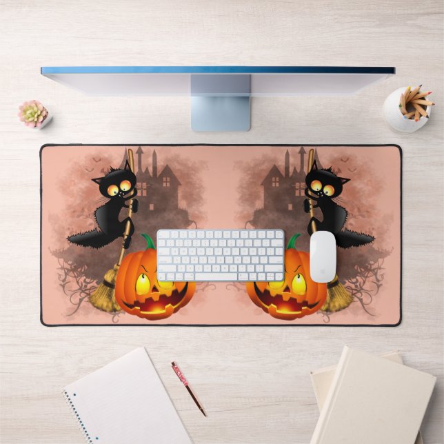 Cat Scared by Pumpkin Fun Halloween Character Desk Mat (Office 1)