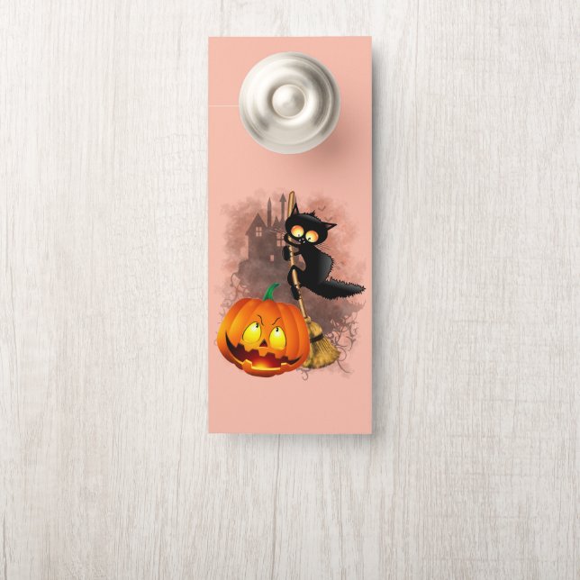 Cat Scared by Pumpkin Fun Halloween Character Door Hanger (On Knob)