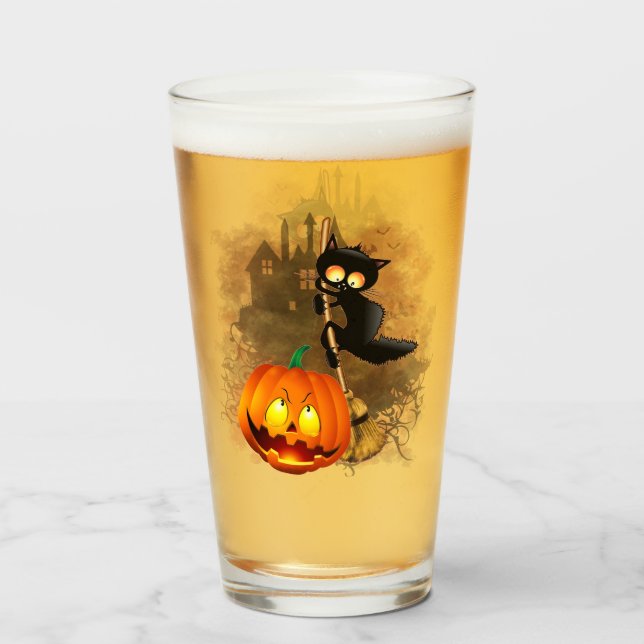 Cat Scared by Pumpkin Fun Halloween Character Glass (Front Filled)