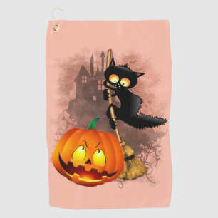 Cat Scared by Pumpkin Fun Halloween Character Golf Towel