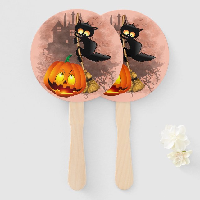 Cat Scared by Pumpkin Fun Halloween Character Hand Fan (Front and Back)