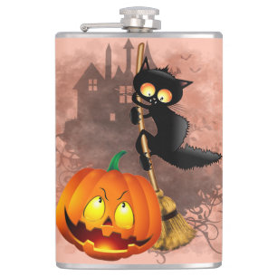 Cat Scared by Pumpkin Fun Halloween Character Hip Flask