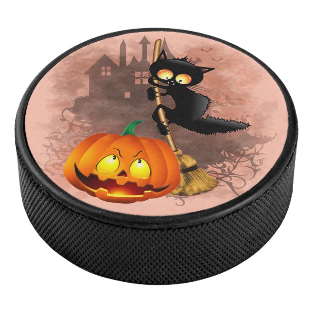 Cat Scared by Pumpkin Fun Halloween Character Hockey Puck (3/4)