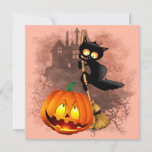 Cat Scared by Pumpkin Fun Halloween Character Invitation