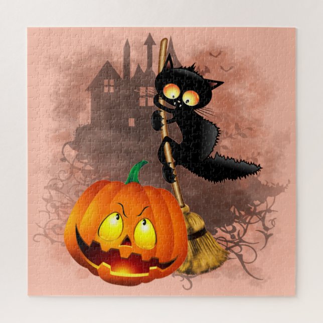 Cat Scared by Pumpkin Fun Halloween Character Jigsaw Puzzle (Vertical)