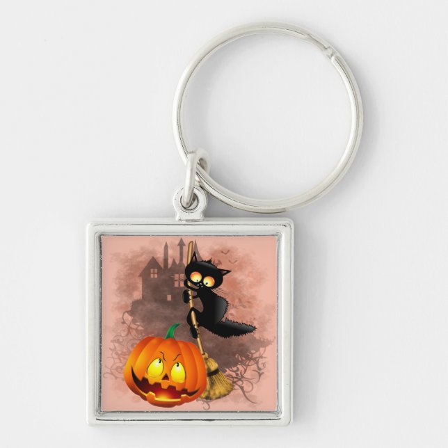 Cat Scared by Pumpkin Fun Halloween Character Key Ring (Front)