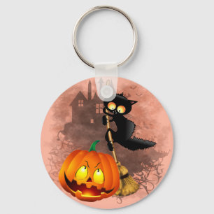 Cat Scared by Pumpkin Fun Halloween Character Key Ring