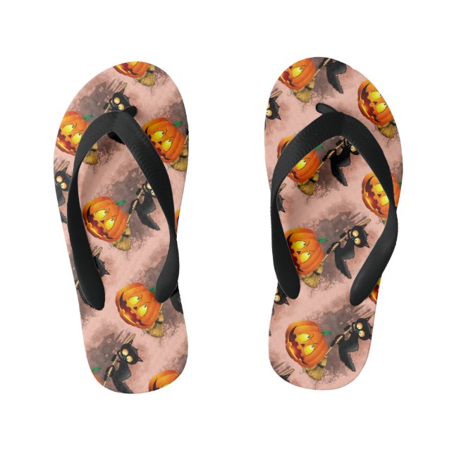 Cat Scared by Pumpkin Fun Halloween Character Kid's Flip Flops (Footbed)