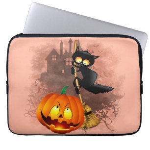 Cat Scared by Pumpkin Fun Halloween Character Laptop Sleeve