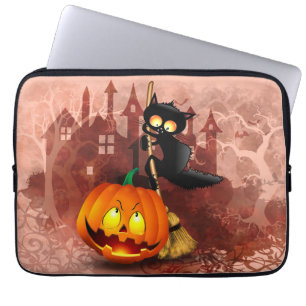 Cat Scared by Pumpkin Fun Halloween Character Laptop Sleeve