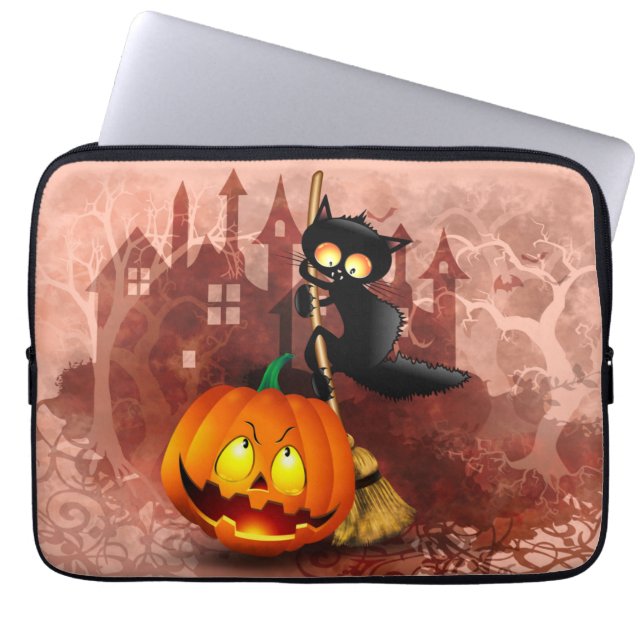 Cat Scared by Pumpkin Fun Halloween Character Laptop Sleeve (Front)