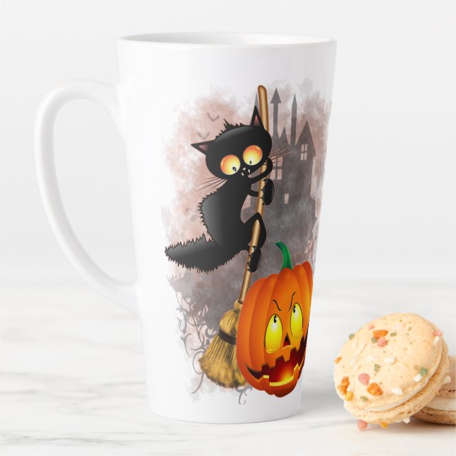 Cat Scared by Pumpkin Fun Halloween Character Latte Mug (In Situ)
