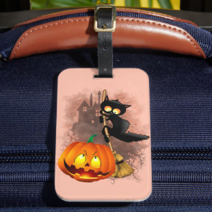 Cat Scared by Pumpkin Fun Halloween Character Luggage Tag