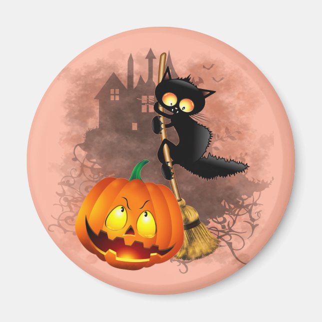 Cat Scared by Pumpkin Fun Halloween Character Magnet (Front)