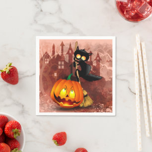 Cat Scared by Pumpkin Fun Halloween Character Napkin