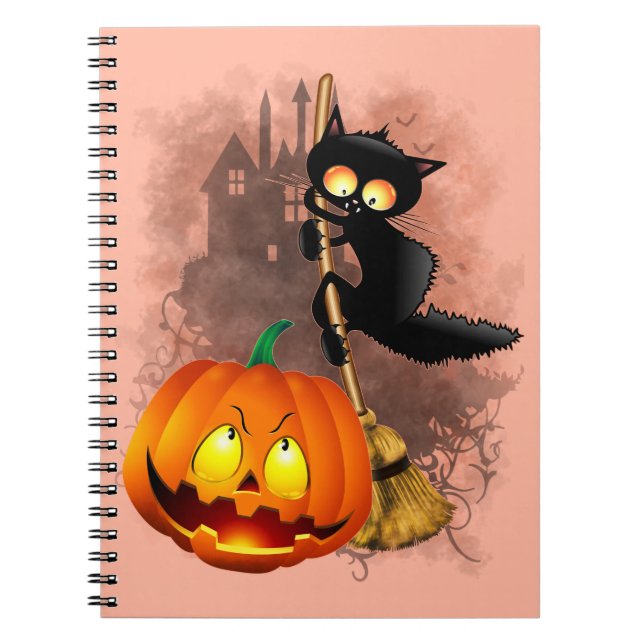 Cat Scared by Pumpkin Fun Halloween Character Notebook (Front)