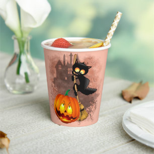 Cat Scared by Pumpkin Fun Halloween Character Paper Cups