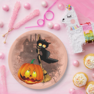 Cat Scared by Pumpkin Fun Halloween Character Paper Plate