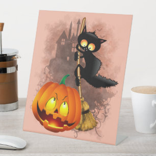 Cat Scared by Pumpkin Fun Halloween Character Pedestal Sign