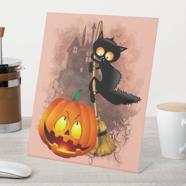 Cat Scared by Pumpkin Fun Halloween Character Pedestal Sign (In SItu)