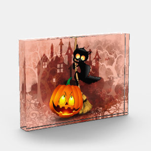 Cat Scared by Pumpkin Fun Halloween Character Photo Block