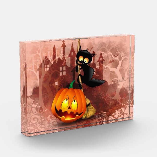 Cat Scared by Pumpkin Fun Halloween Character Photo Block (Left)