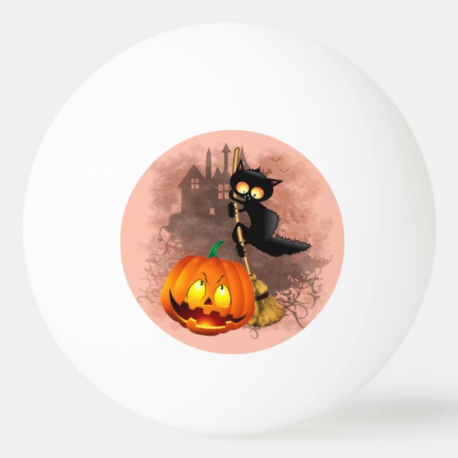 Cat Scared by Pumpkin Fun Halloween Character Ping Pong Ball (Front)