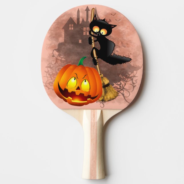 Cat Scared by Pumpkin Fun Halloween Character Ping Pong Paddle (Front)