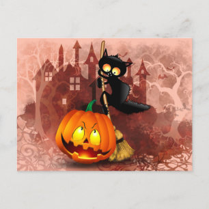 Cat Scared by Pumpkin Fun Halloween Character Postcard