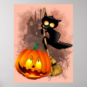 Cat Scared by Pumpkin Fun Halloween Character Poster