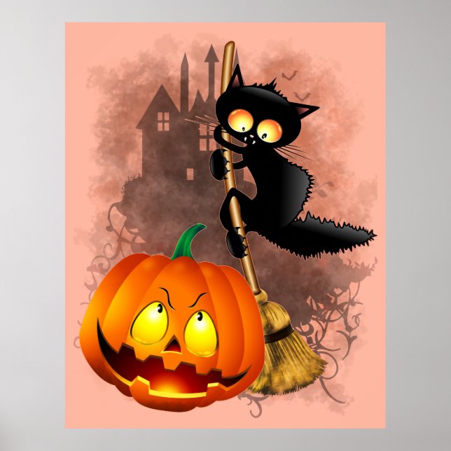 Cat Scared by Pumpkin Fun Halloween Character Poster (Front)