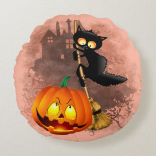 Cat Scared by Pumpkin Fun Halloween Character Round Cushion