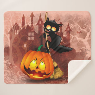 Cat Scared by Pumpkin Fun Halloween Character Sherpa Blanket