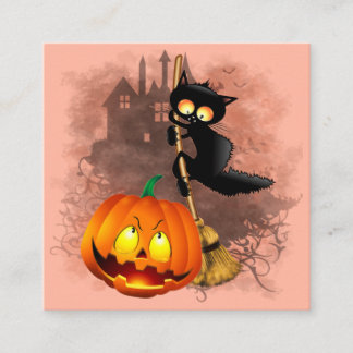 Cat Scared by Pumpkin Fun Halloween Character Square Business Card