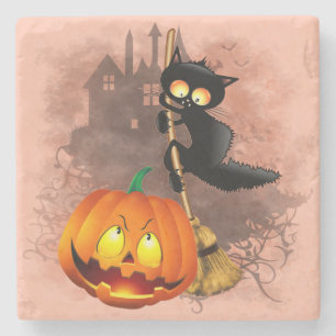 Cat Scared by Pumpkin Fun Halloween Character Stone Coaster