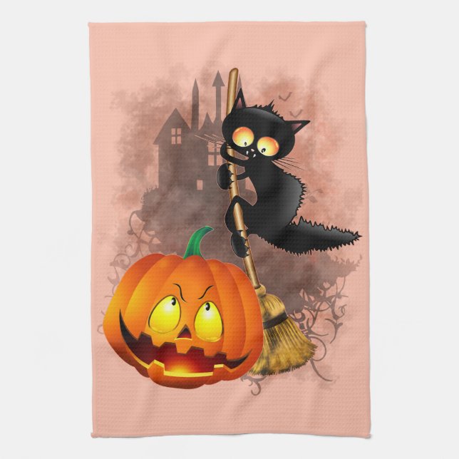 Cat Scared by Pumpkin Fun Halloween Character Tea Towel (Vertical)