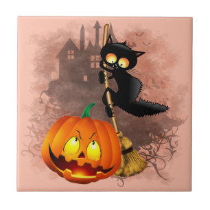 Cat Scared by Pumpkin Fun Halloween Character Tile