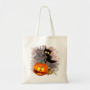 Cat Scared by Pumpkin Fun Halloween Character Tote Bag
